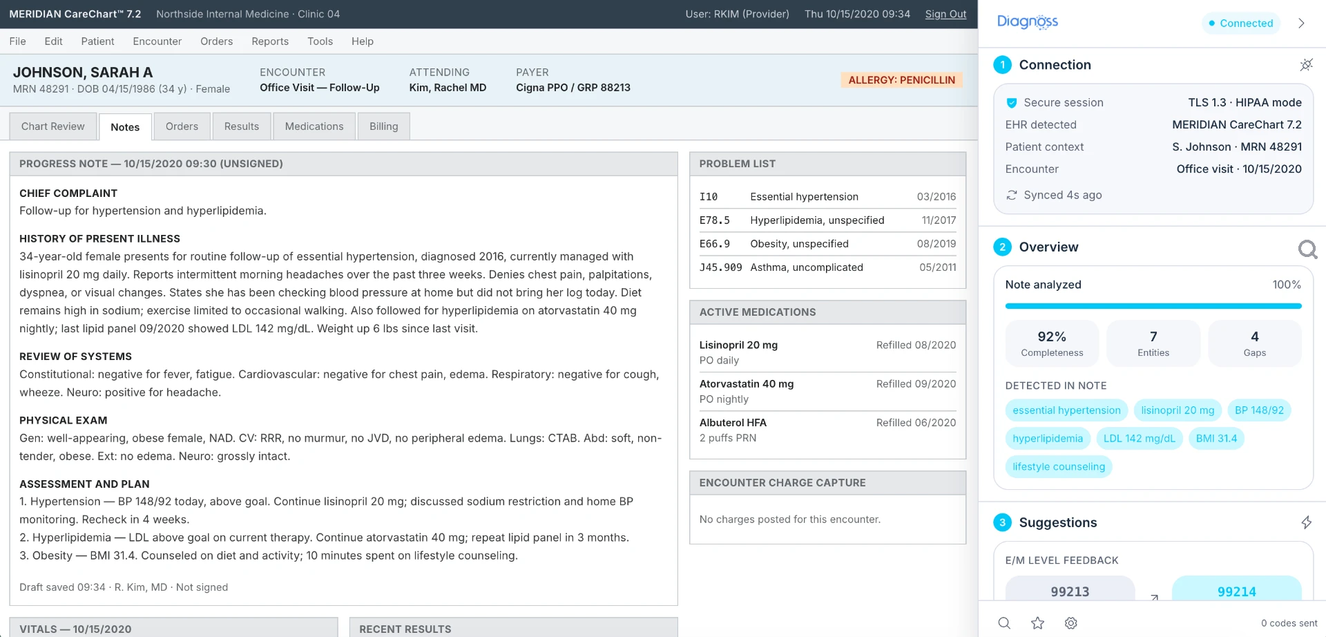 Diagnoss sidebar embedded in a MERIDIAN EHR encounter, showing connection status, note analysis overview, and E/M coding suggestions.