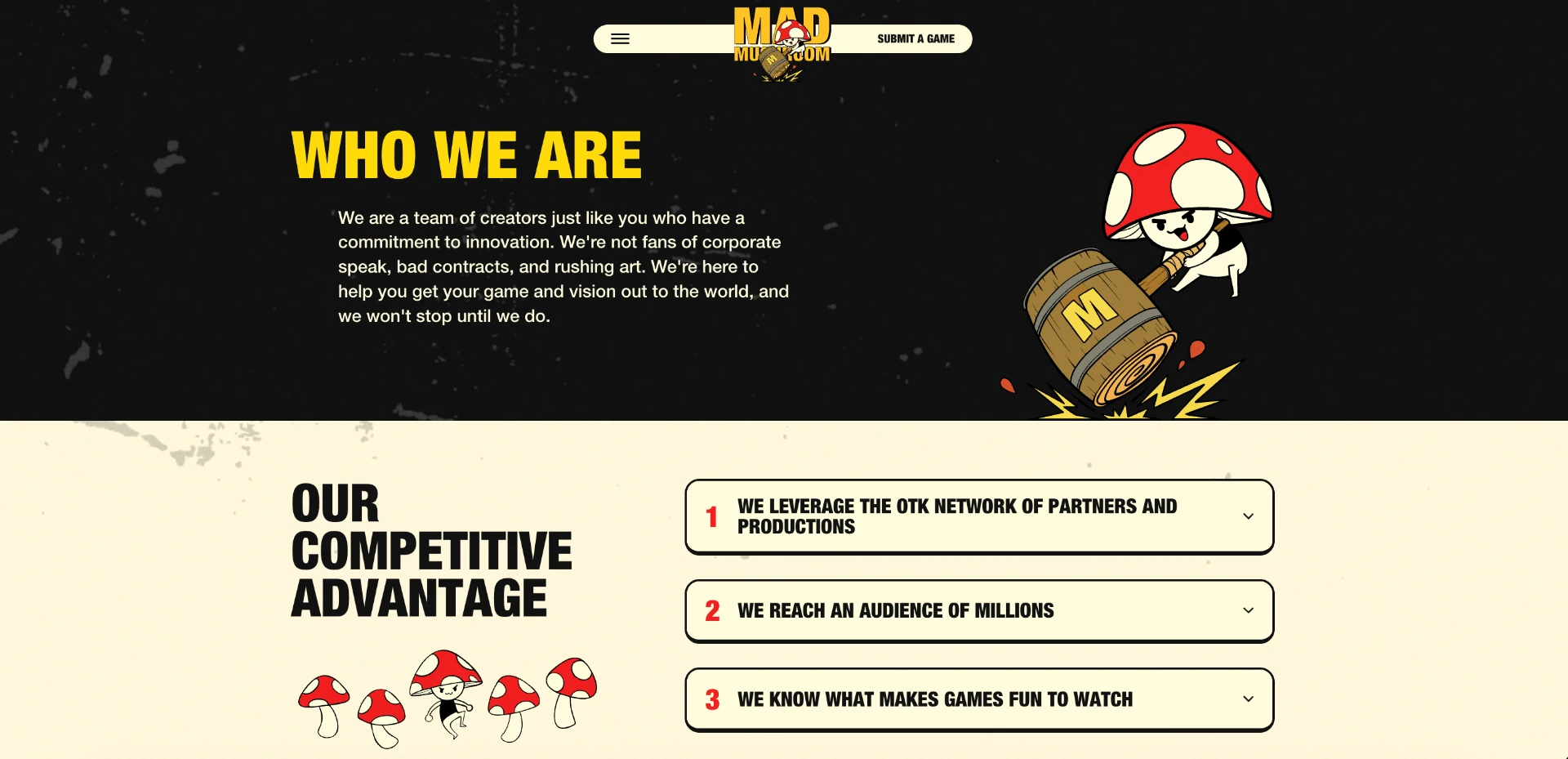 Mad Mushroom wireframe — Who We Are and Competitive Advantage
