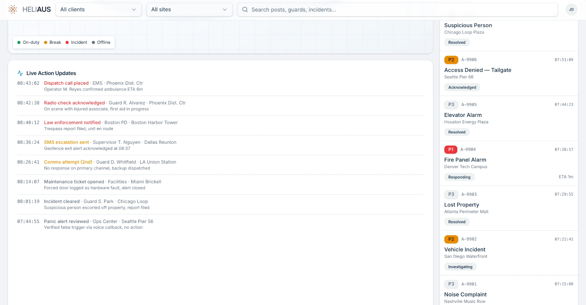 HELIAUS wireframe showing live action updates feed with timestamped dispatch, radio, law enforcement, and SMS events, plus a prioritized incident queue on the right