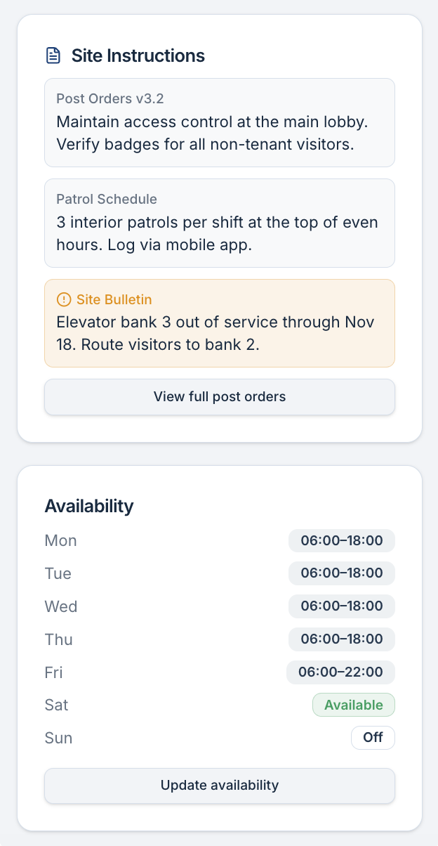 Mobile wireframe showing site instructions with post orders, patrol schedule, a site bulletin alert, and weekly availability settings