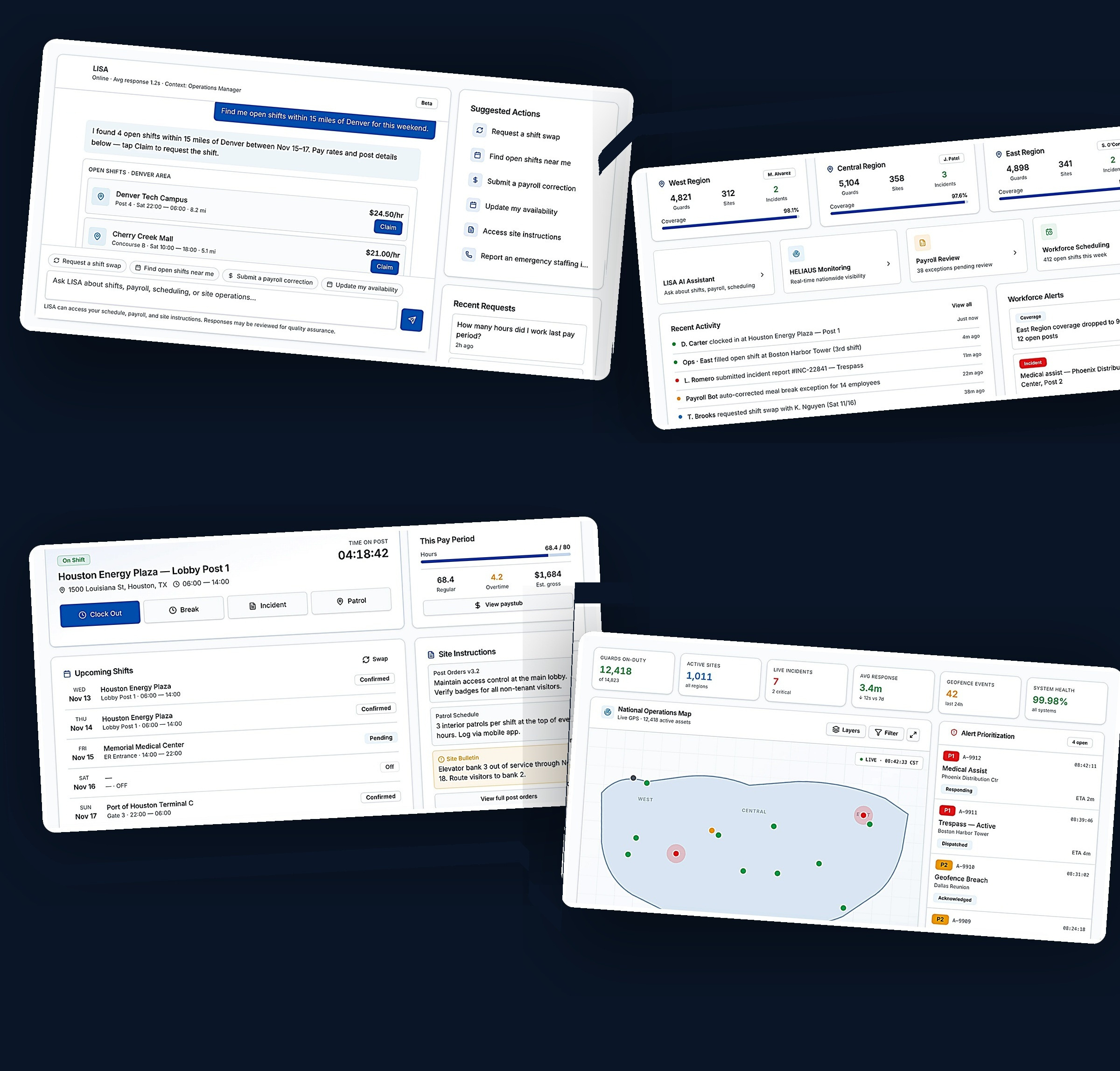 Collage of Allied Universal product screens including LISA AI Assistant, Security Guard Portal, Operations Manager Portal, and HELIAUS monitoring platform