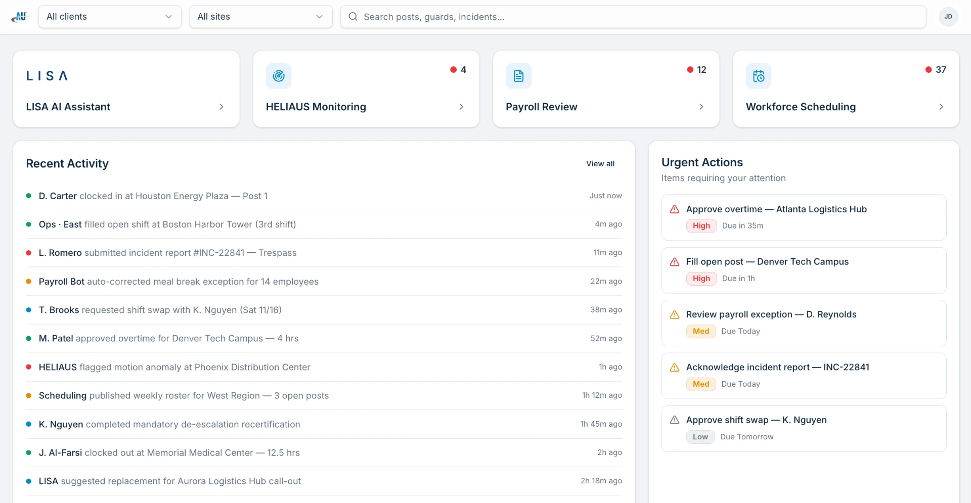 Operations manager overview showing LISA AI, HELIAUS, Payroll Review, and Workforce Scheduling quick-entry tiles, plus recent activity feed and urgent actions queue