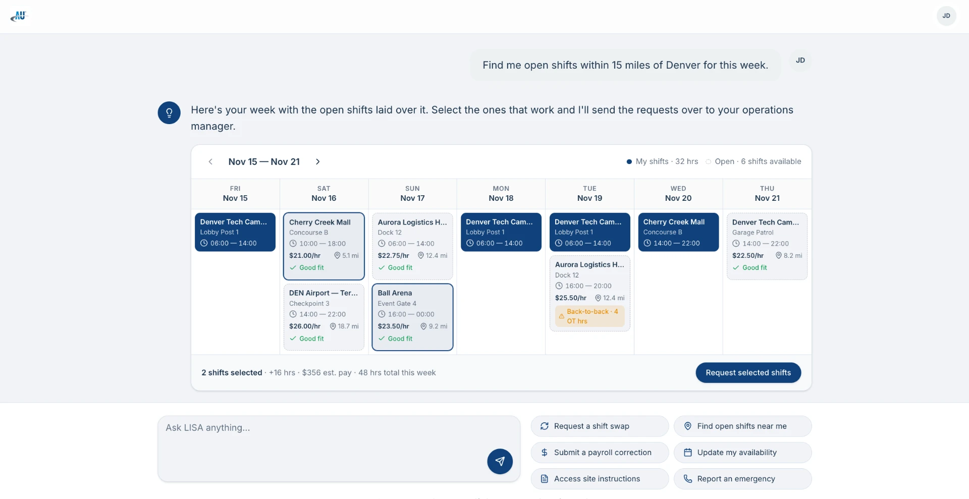 LISA AI Assistant chat wireframe showing open shifts laid over a weekly schedule